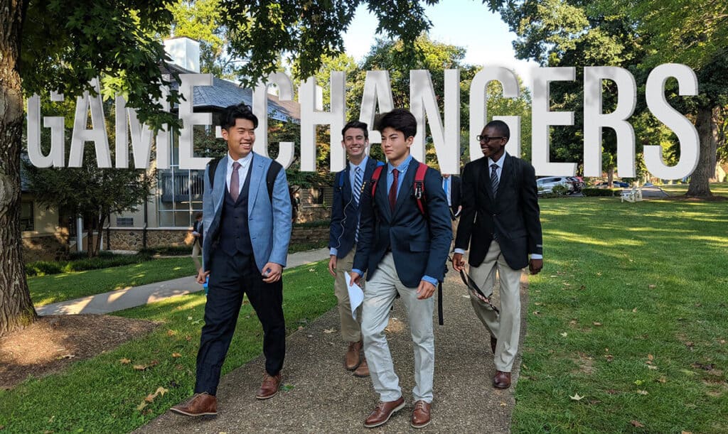 students walking with graphic for Game-Changers